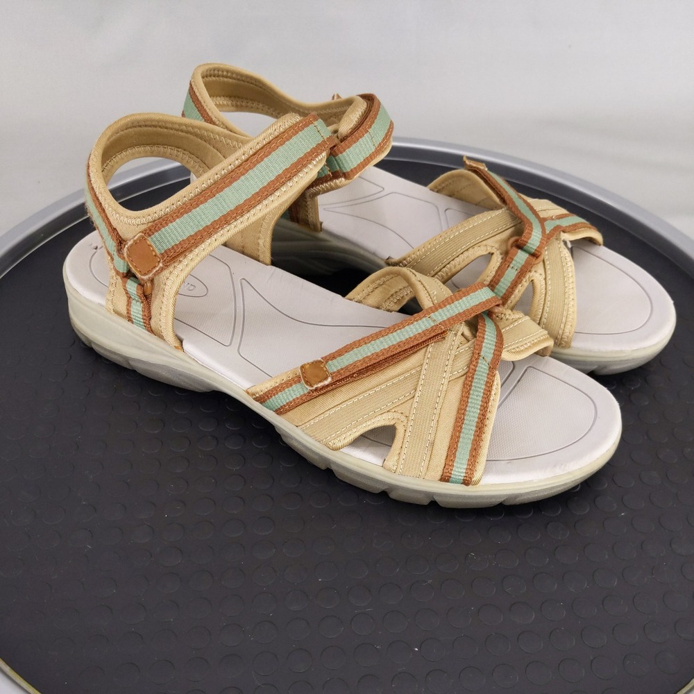 Lands End Sandals Womens 11B Tan Green Striped Active Hiking Strappy Shoes